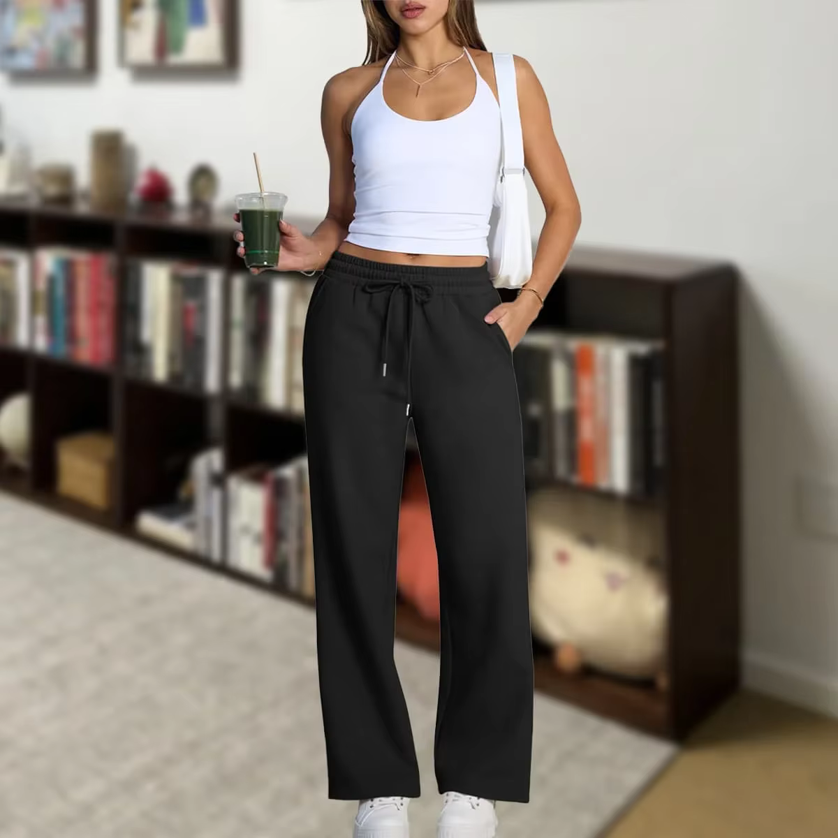 Pantalon de jogging droit pour femme, taille normale, en molleton, style streetwear décontracté, bas
