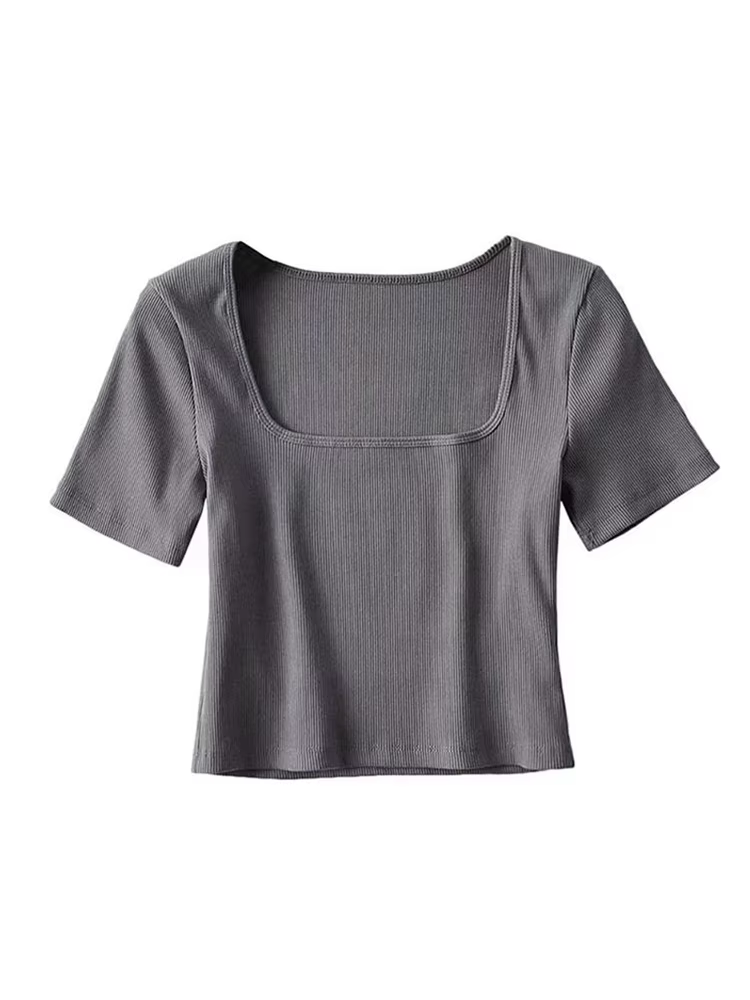 T-shirt court côtelé à col carré pour femmes, haut court à manches courtes