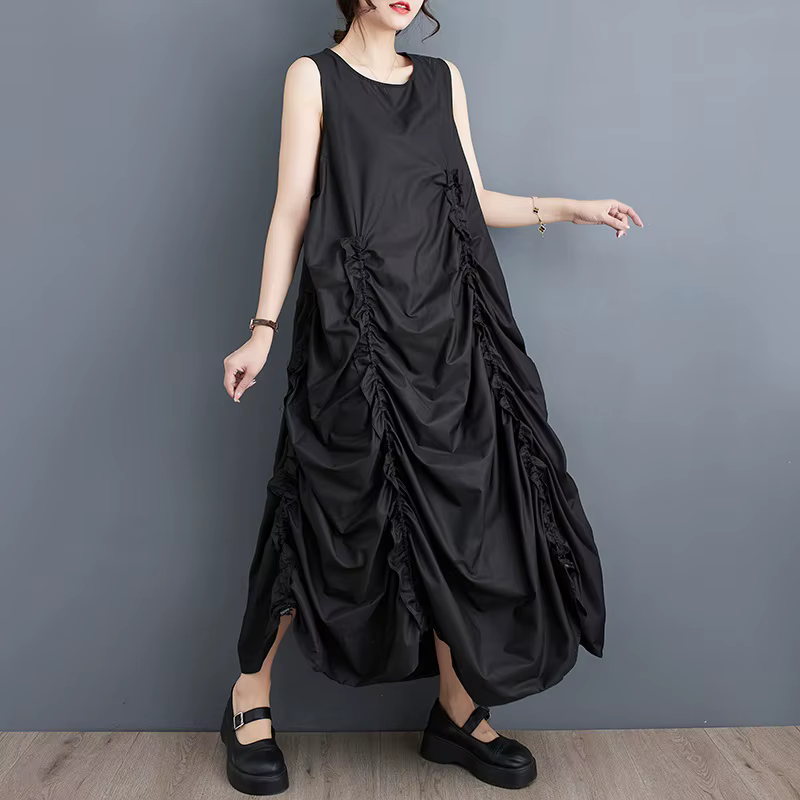 Sans manches vintage plissé nouveau en robes pour femmes décontracté ample longue robe d'été vêtemen