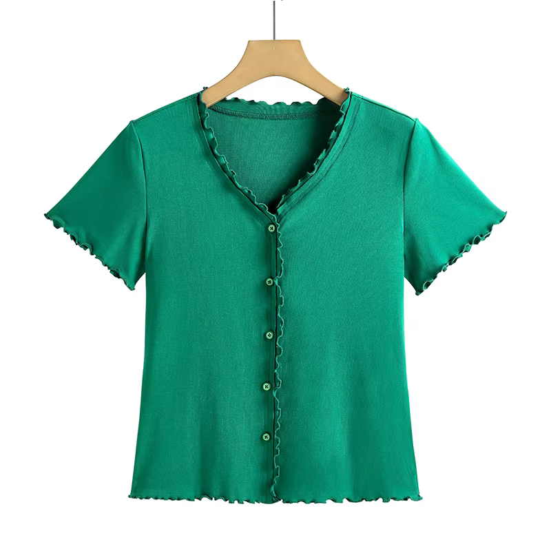 T-shirt à capuche et boutons sur les épaules, col en v, manches courtes, coupe cintrée, décontracté,