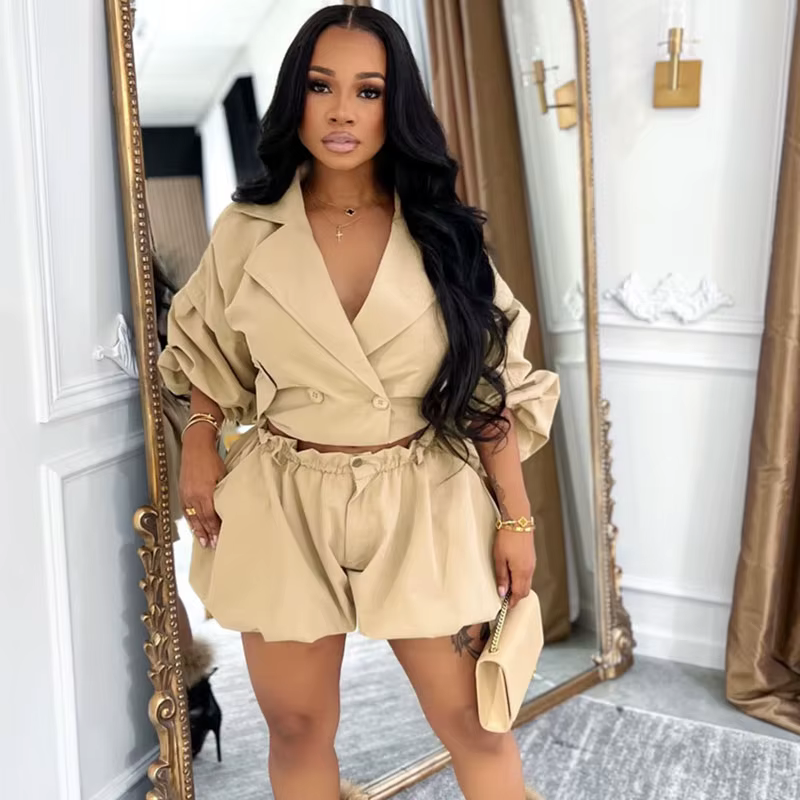 Ensemble 2 pièces Doyerl Streetwear pour femme : Veste croisée à col cranté et short – Idéal pour le
