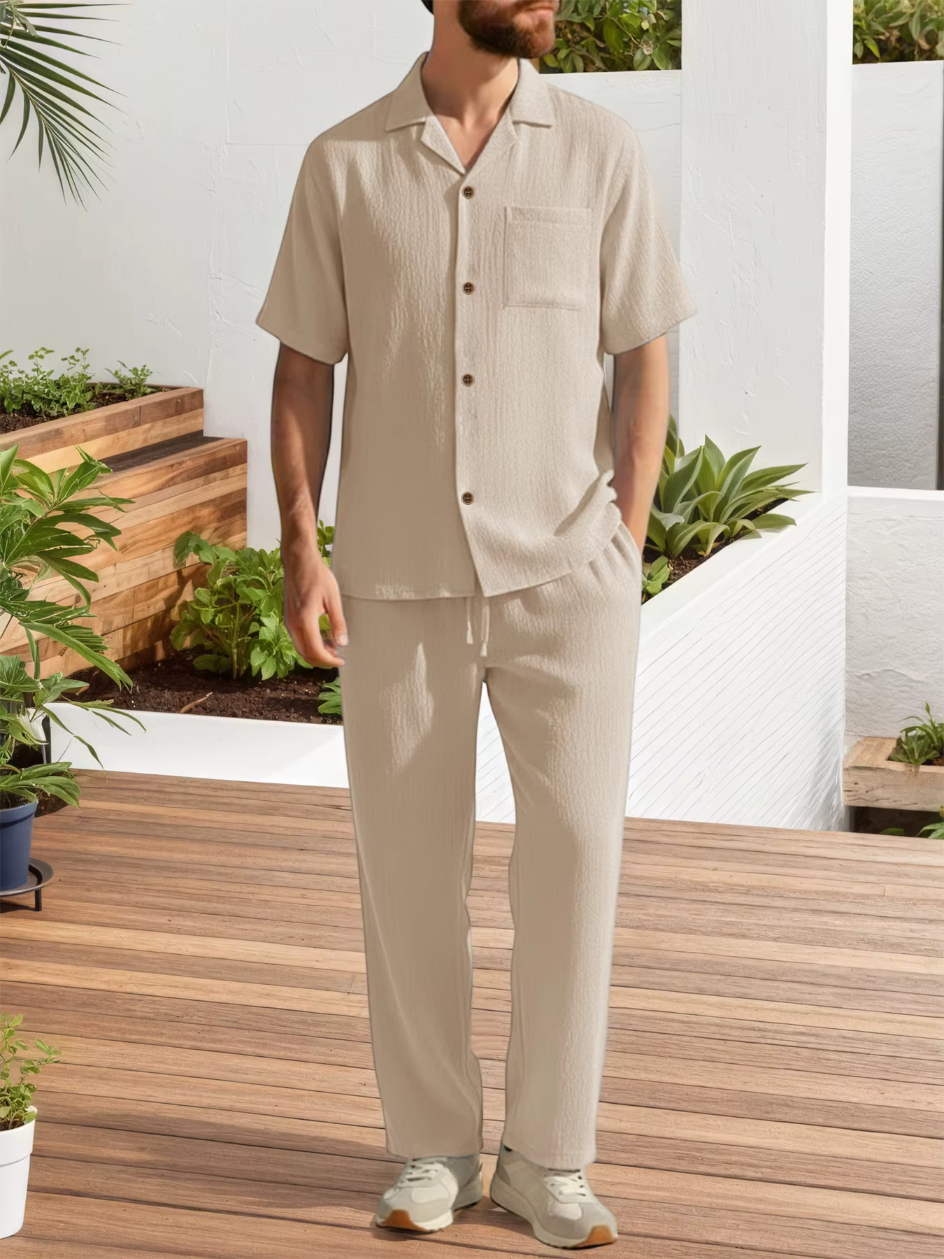 Ensembles décontractés deux pièces pour hommes – Hauts à revers à manches courtes et pantalons longs