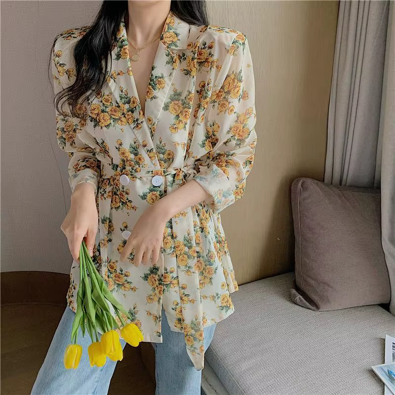 Chemises et chemisiers à boutons pour femmes, haut avec nœud, vêtements floraux, manches adt, Y2k, a