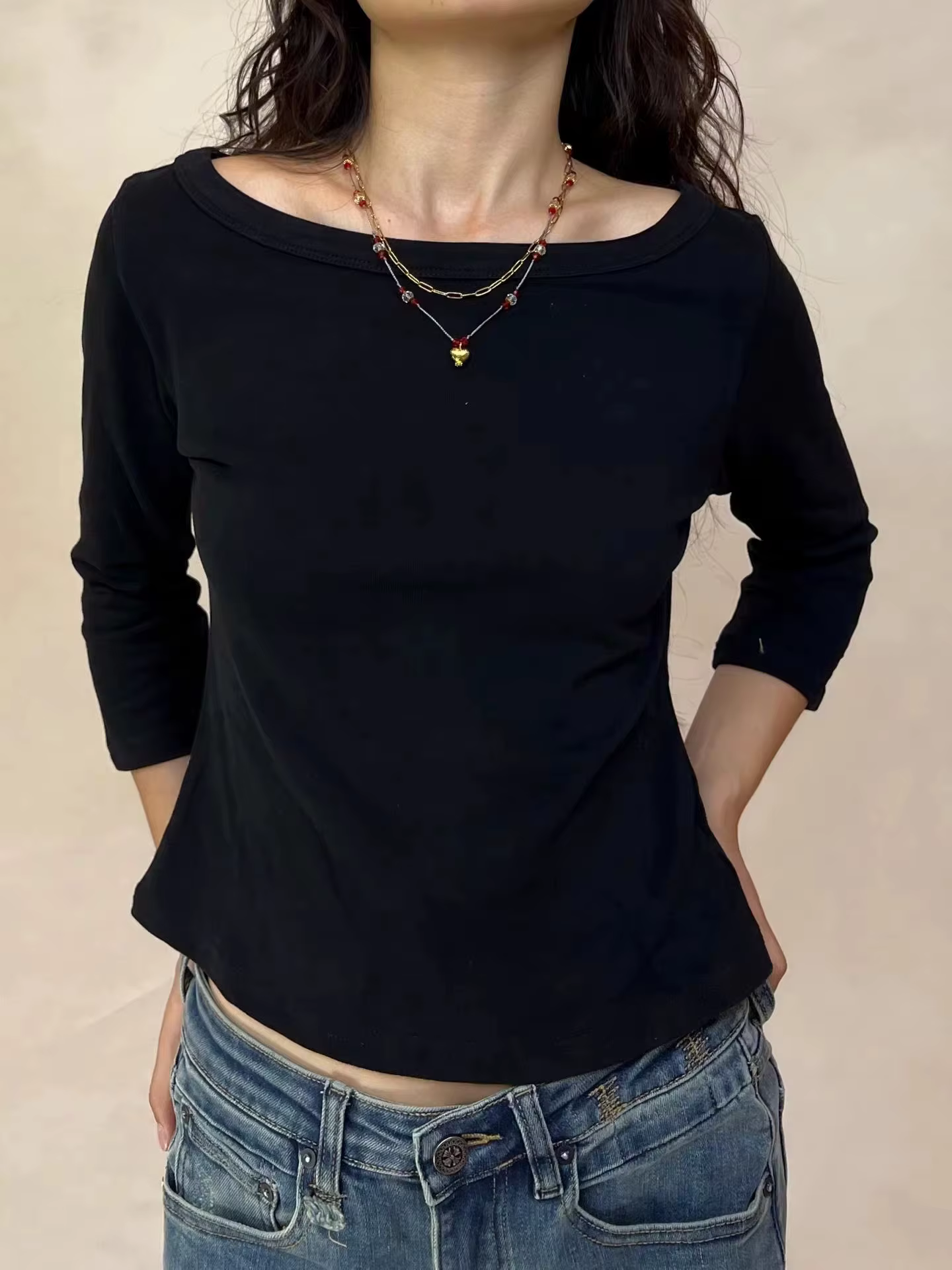T-shirts à manches trois-quarts pour femme, automne, simples, unis, basiques, col en V, coton, coupe
