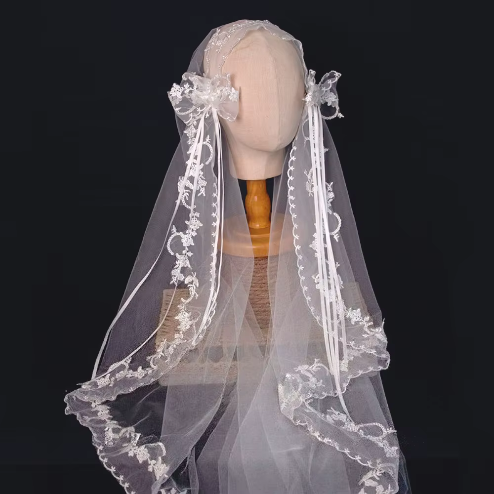 Voile de chapelle blanc Vintage avec bord en dentelle, voile de mariée garnis de dentelle avec nœud,