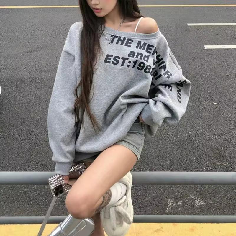 Sweat-shirt à manches longues pour femme, haut Kpop en coton, épaules dénudées, Y2k, asymétrique épa