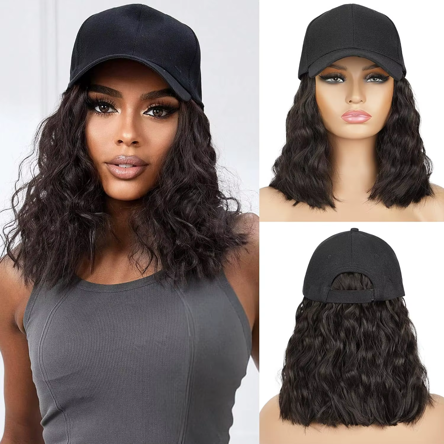 Perruque de chapeau pour femmes, casquette de perruque avec Extensions de cheveux bouclés, chapeau a