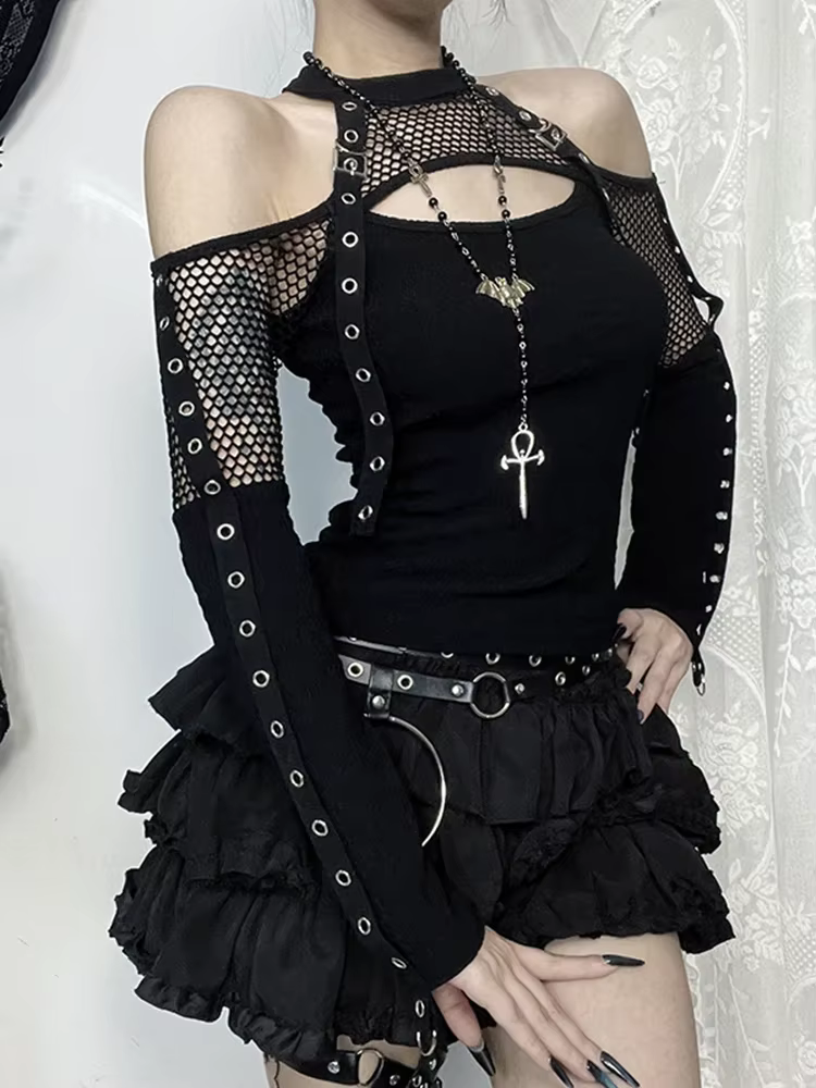 Orifice Goth Mall Gothic Sexy T-Shirt pour femmes, Streetwear Harajuku, Y2K, E-Girl Mesh Patchwork H
