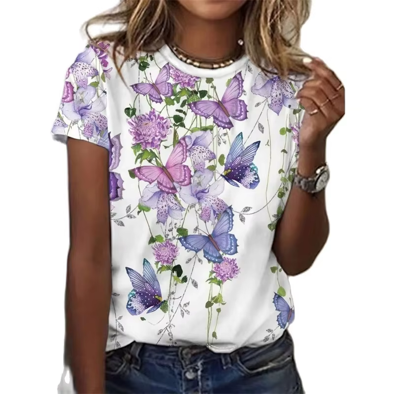 T-Shirt à motif papillon pour femmes, t-shirts imprimés en 3D, hauts amples d'été à manches courtes,