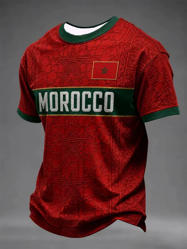 Nouveau T-shirt Famille Assorti Thème Marocain 2026 – T-shirt de Football Marocain Classique à Manch