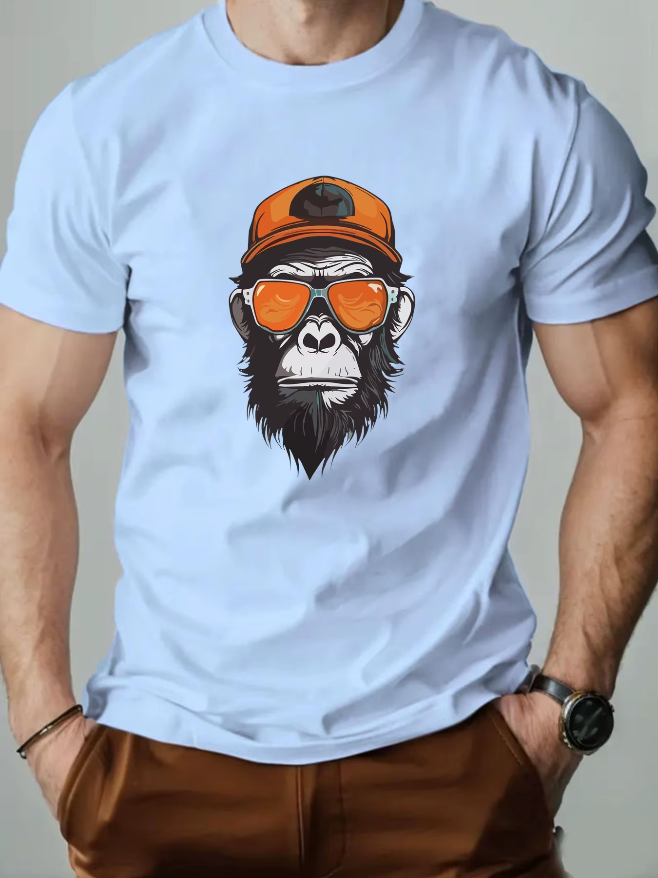T-shirt graphique Cool Monkey avec lunettes de soleil et casquette pour homme, respirant, 100% coton