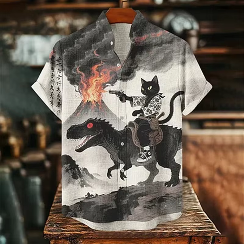 Chemise beige pour homme, style japonais, coupe oversize, imprimé samouraï, dinosaure, chat noir, ma
