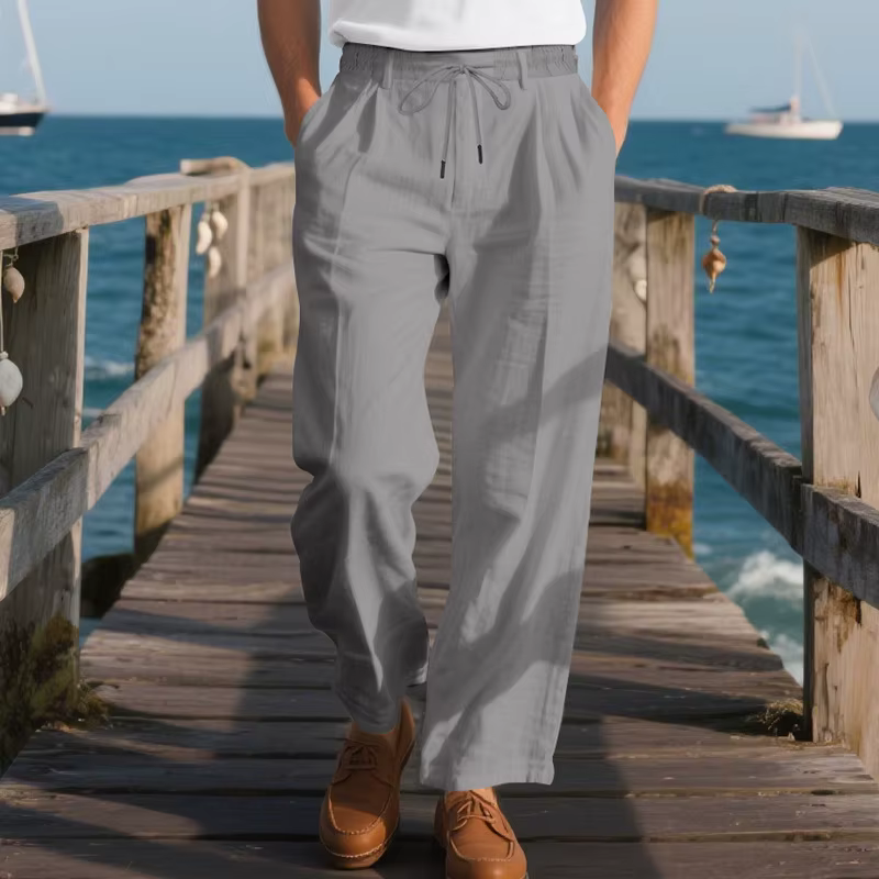 Nouveau Été hommes respirant couleur unie coton et lin cordon pantalon décontracté Style italien