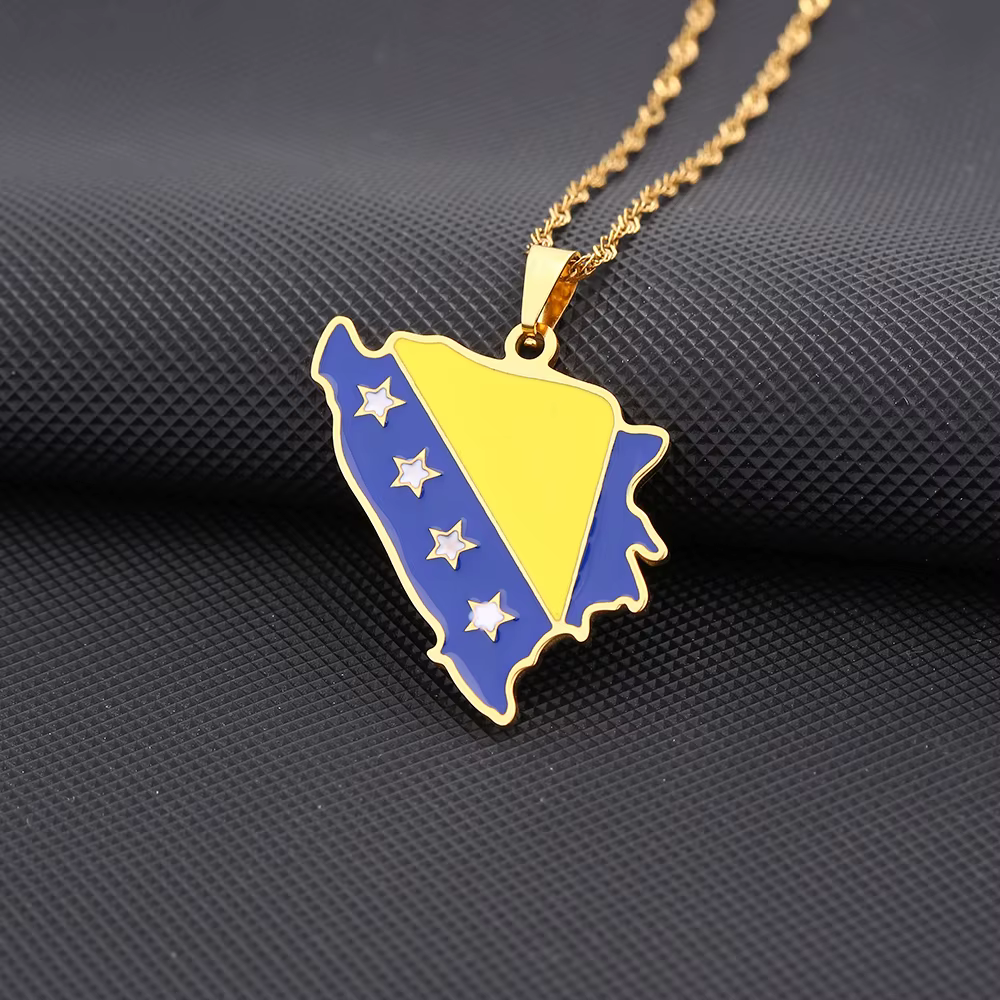Collier pendentif drapeau carte Bosna i Hercegovina en acier inoxydable pour hommes et femmes, carte