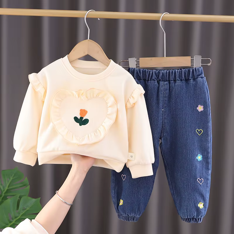 LZH vêtements pour filles automne nouveau haut imprimé + Jean 2 pièces costume enfant vêtements pour