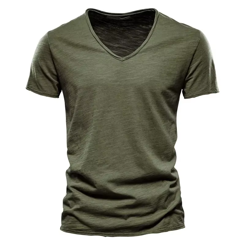 2025 nouvelle marque qualité 100% coton hommes T-shirt col en v Design de mode coupe ajustée T-shirt