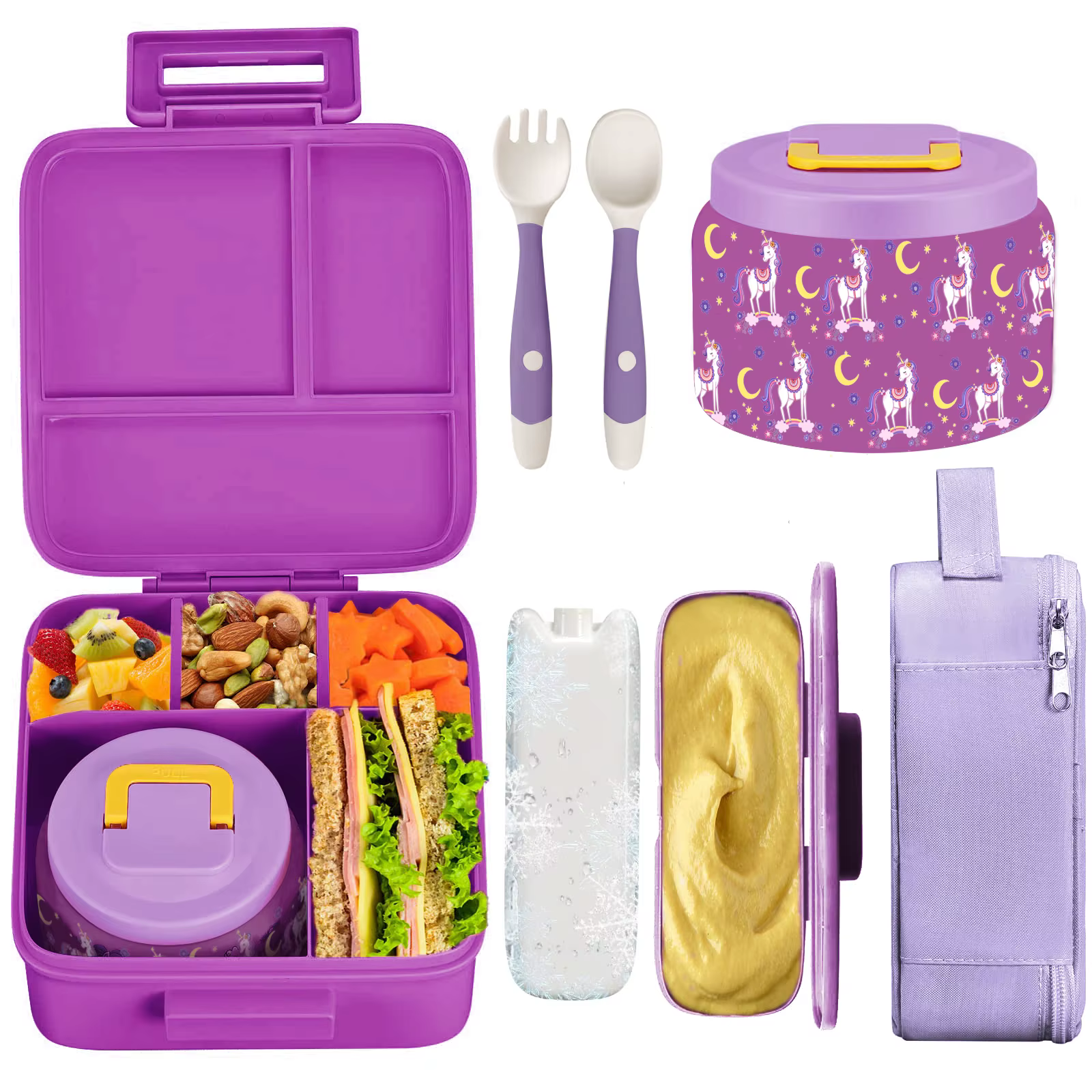 Boîte à déjeuner Bento pour enfants avec pot alimentaire isolé sous vide de 8oz, sac à déjeuner, sac