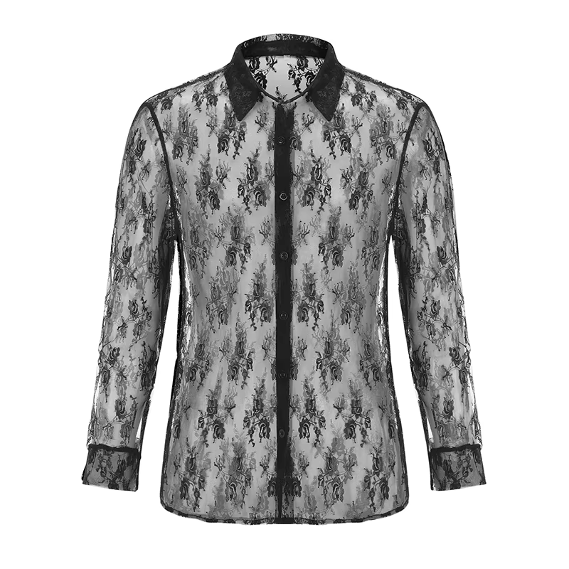Chemise en dentelle transparente pour hommes, manches longues, résille ajourée, Vintage, Streetwear,