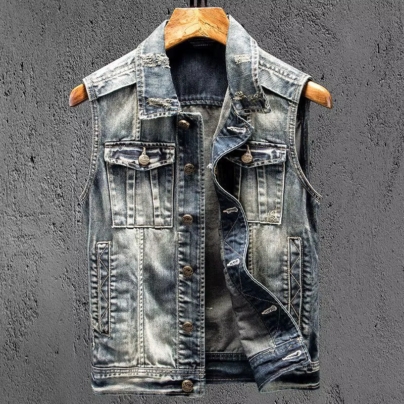 Mode 2025 Vintage Style américain Denim gilet pour hommes poches multiples coupe ajustée décontracté