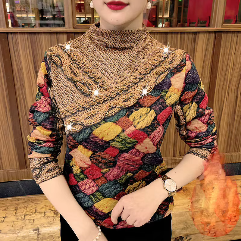 T-shirt à manches longues imprimé sourire vintage pour femmes, pulls à col mi-haut, couleurs chics m