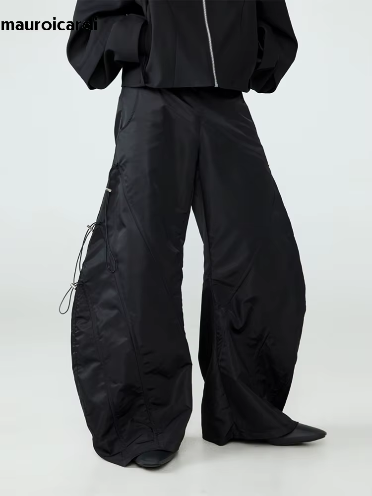 Mauroicardi-Pantalon Baggy Noir à Jambes Larges pour Homme, Taille artificiel astique, Long, Décontr