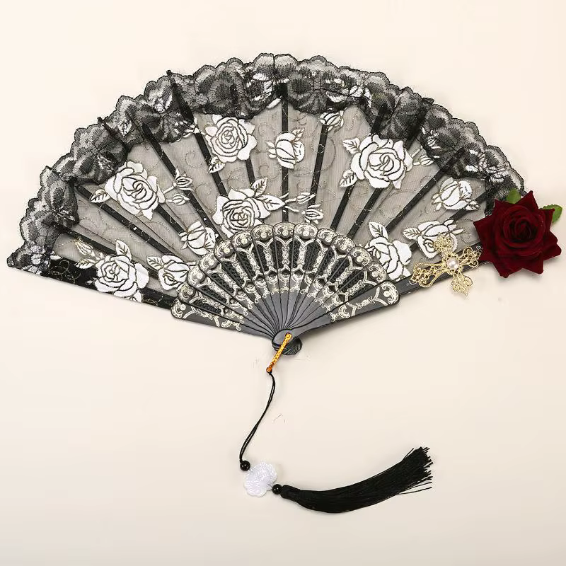 Éventail à main en dentelle pour femme, éventail gothique Lolita, victorien, Vintage, noir, blanc, r