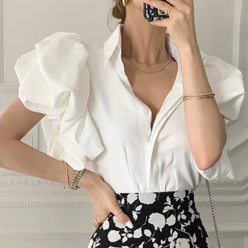 Chemises noires décontractées pour femmes, chemisier à simple boutonnage, style palais, bouffantes, 