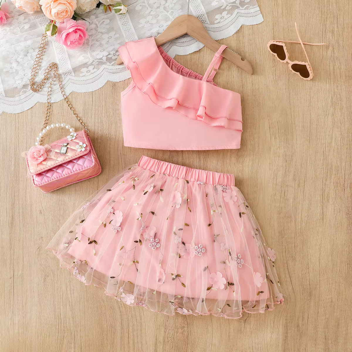 Tenue rose douce pour filles, avec haut à épaules à volants et jupe en Tulle brodée, ensemble de vêt