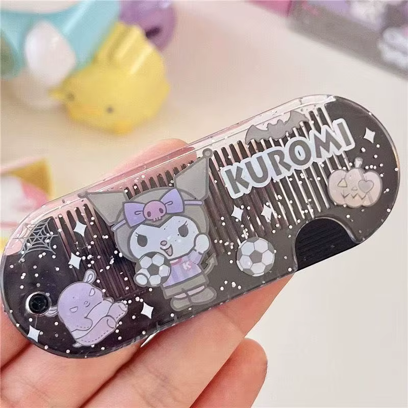 Peigne pliant inspiré de Kuromi, brosse à cheveux compacte avec miroir, personnage d'anime Kawaii, d