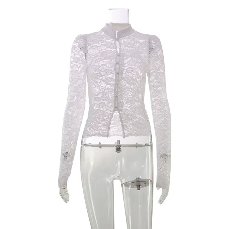 Haut à manches longues pour femme 2026, style étranger, col à boucle en dentelle française, coupe aj