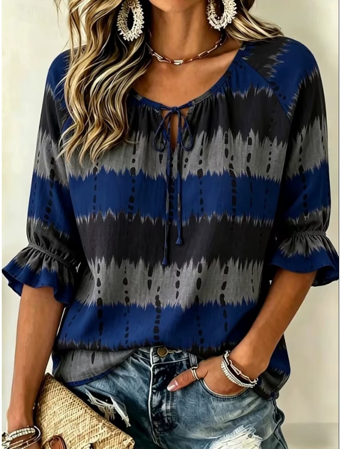 Chemisier à col noué imprimé tie-dye bleu gris pour femme, hauts amples décontractés pour le printem