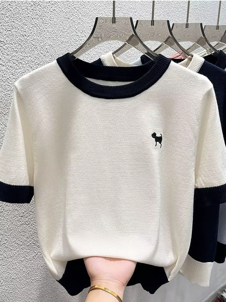 T-shirt brodé en soie glacée pour femmes, col rond, haut à manches courtes, tricoté, à la mode, déco