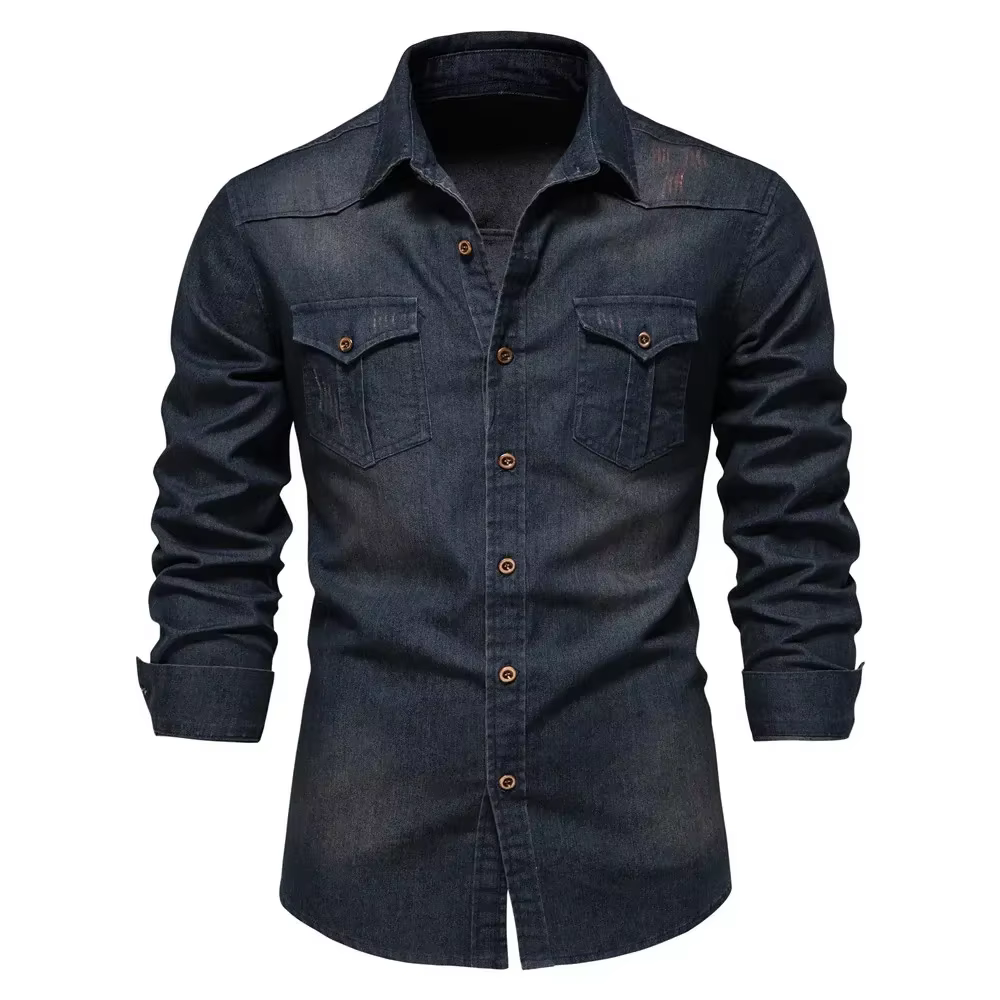 AIOPESON marque chemise en denim de coton élastique pour hommes manche longue Chemises de cow-boy de