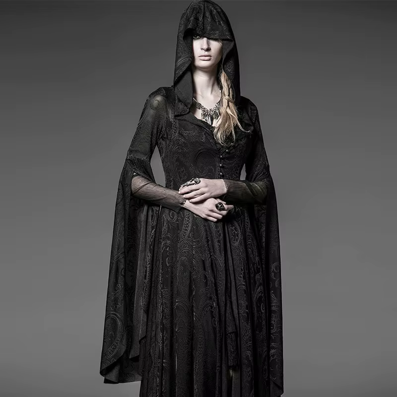 Robes gothiques à capuche noires foncées, longueur au sol, robes évidées, sorcière Dark Queen Cos, v