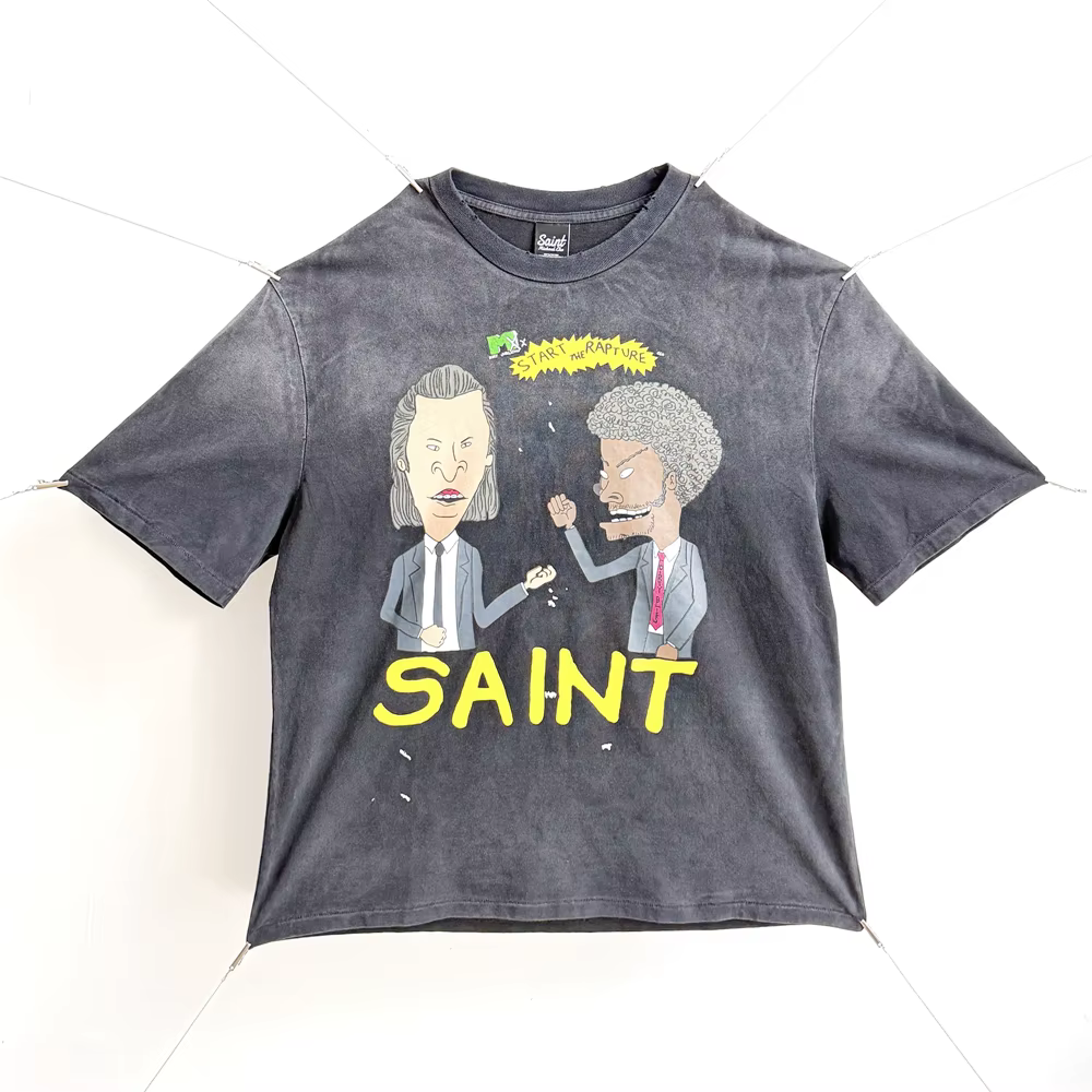 T-shirt à col rond rétro style célébrité Y2K SAINT 1:1, coupe ample, effet vintage, 100% coton, manc