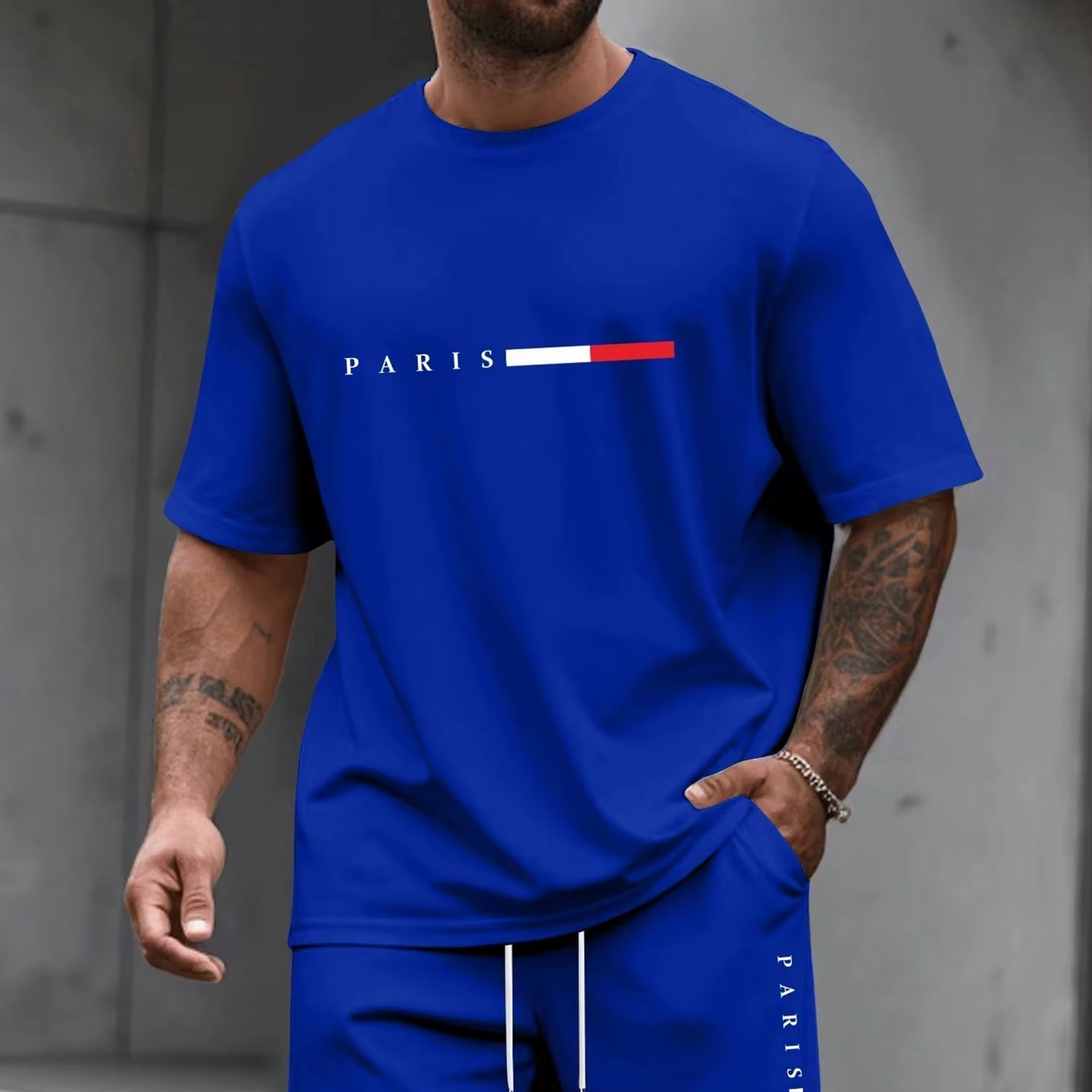 Ensemble deux pièces pour homme, imprimé lettres Paris, printemps et été, décontracté, col rond, man