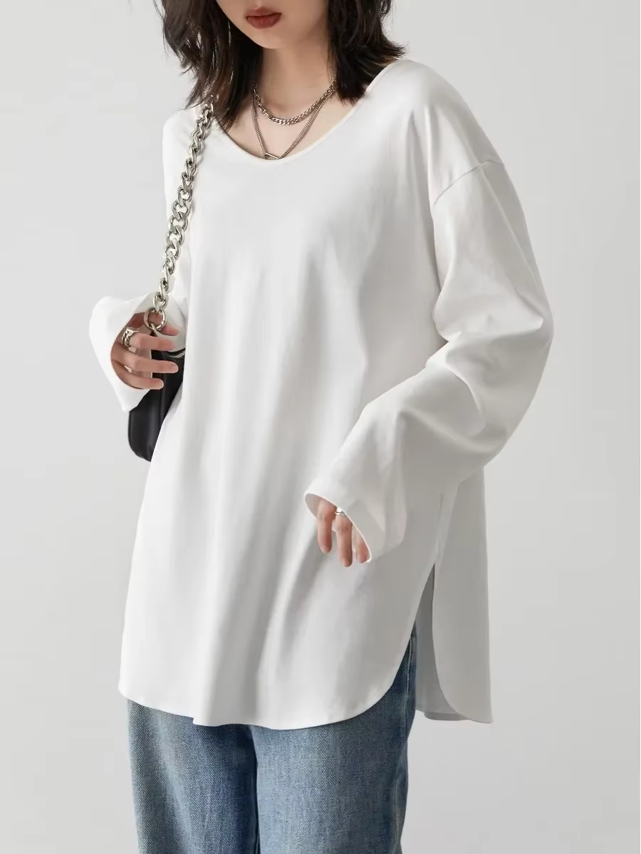T-shirts amples décontractés à col en U et manches longues pour femmes CHIC VEN – Hauts fendus pour 