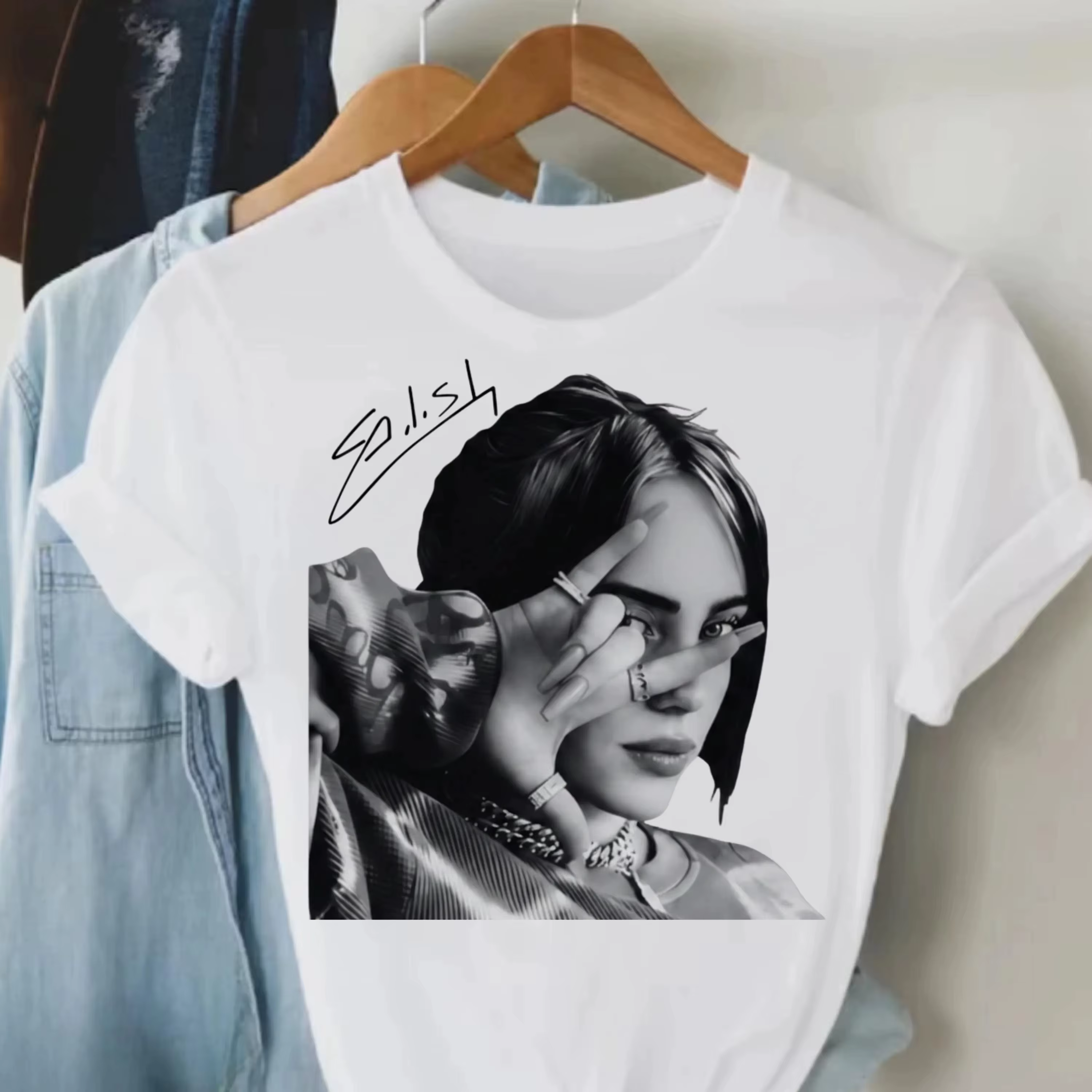 T-shirt avec portrait de la chanteuse Billie Eilish, 100% coton, t-shirt à manches courtes pour homm