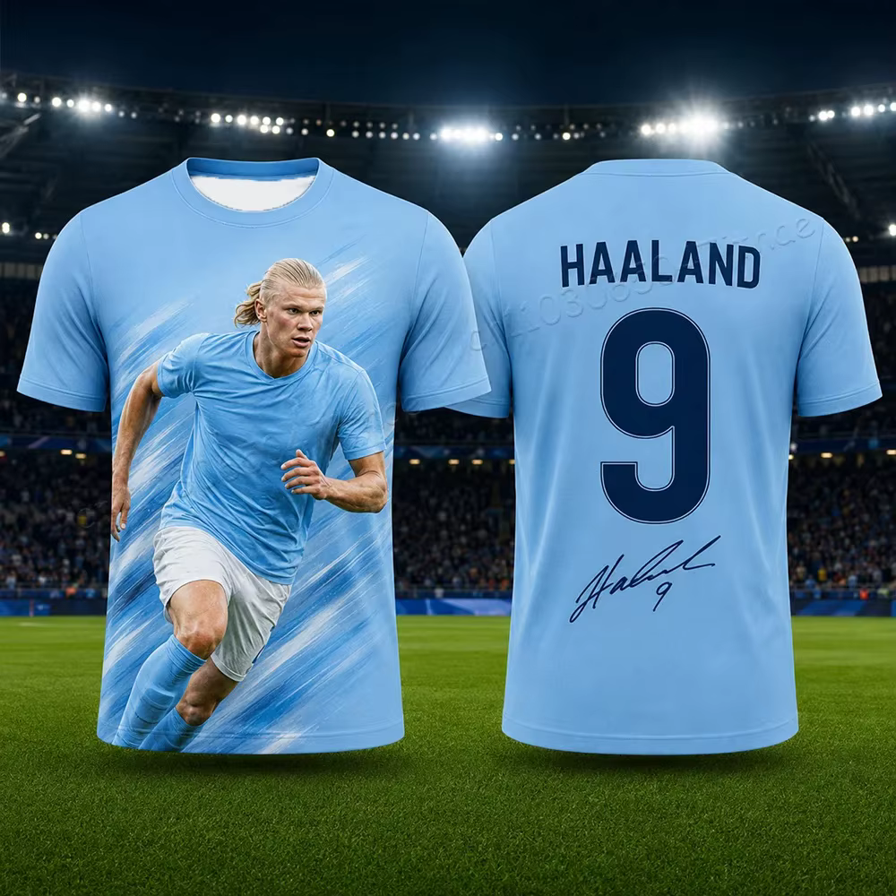 Erling Haaland No.9 Manchester City Football Fan T-shirt imprimé en 3D à séchage rapide à manches co