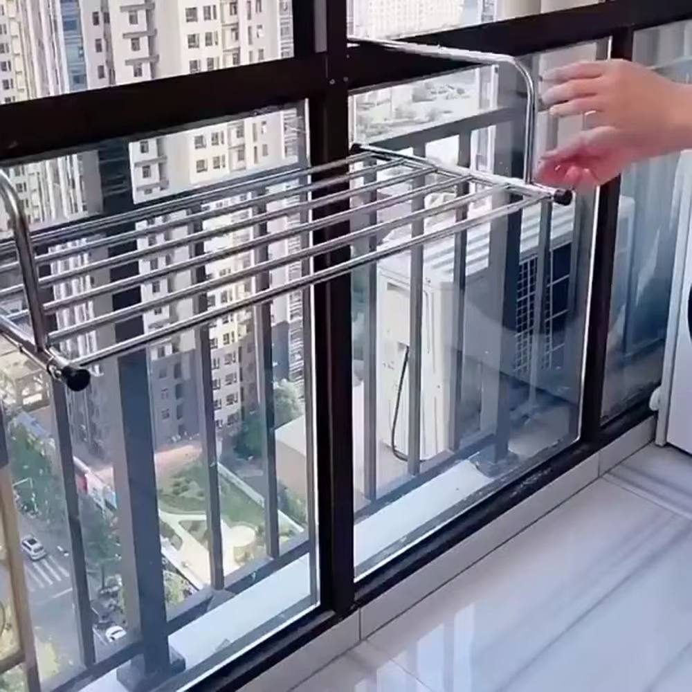 Support de séchage de vêtements évolutif, Rail de suspension réglable sur pied pour balcon, en acier