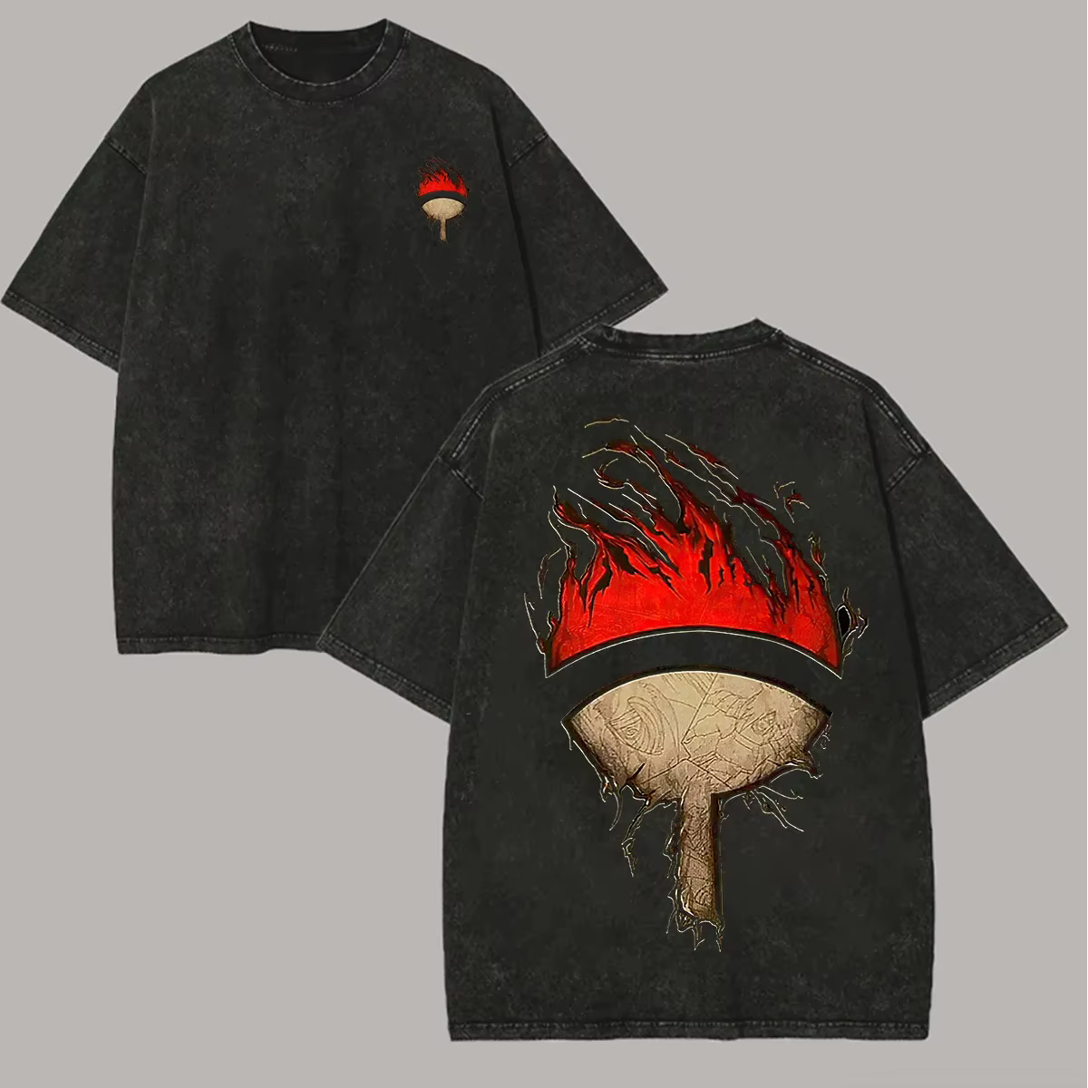 T-shirt Naruto Clan Uchiha Logo Sharingan Feu Vintage Délavé Streetwear Oversize Rétro Anime Graphiq