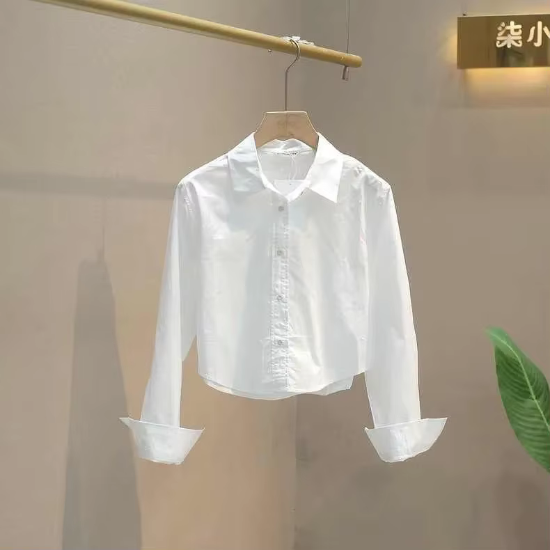 Chemise courte bleu clair pour femmes avec manches longues et col rabattu pour un usage quotidien dé