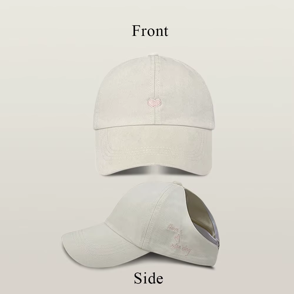 Casquette de baseball queue de cheval avec broderie cœur d'amour, casquette à visière réglable, chap