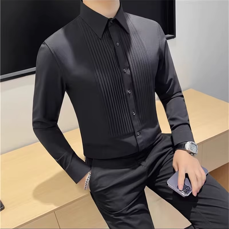 Chemise plissée à manches longues pour hommes, chemise de smoking, chemise de document solide, chemi
