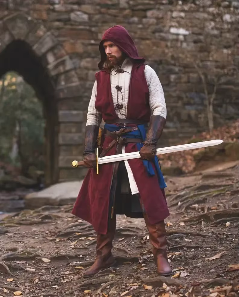 Pardessus ouvert sur le devant - Robe celtique médiévale en lin pour adulte avec capuche Cape Viking