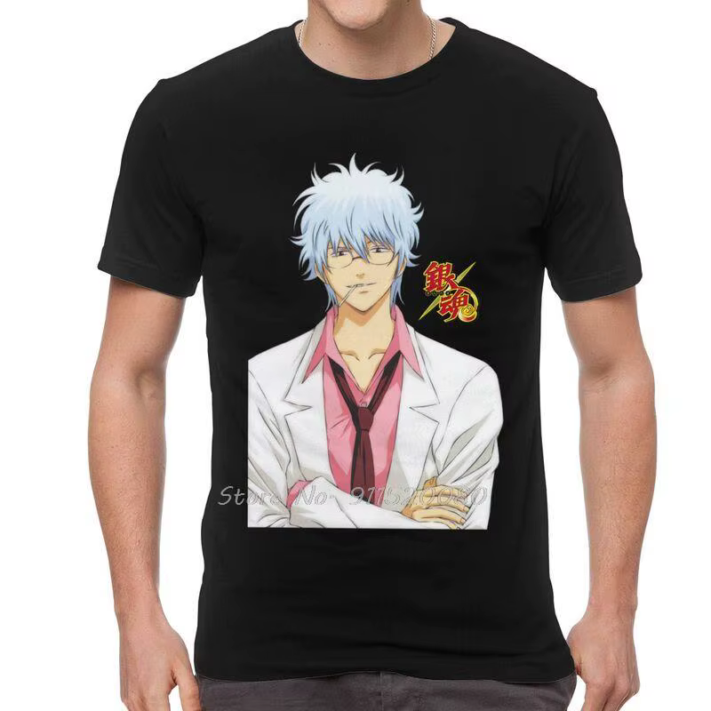 T-shirt Manga japonais Gintama pour hommes, en coton, Anime Gintoki Sakata Tees Top hip hop Tshirt c