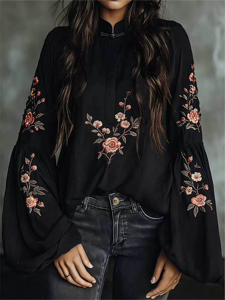 Chemisier Bohème Grande Taille pour Femme, Col Mandarin, Broderie Florale, Manches Longues, Coupe Am