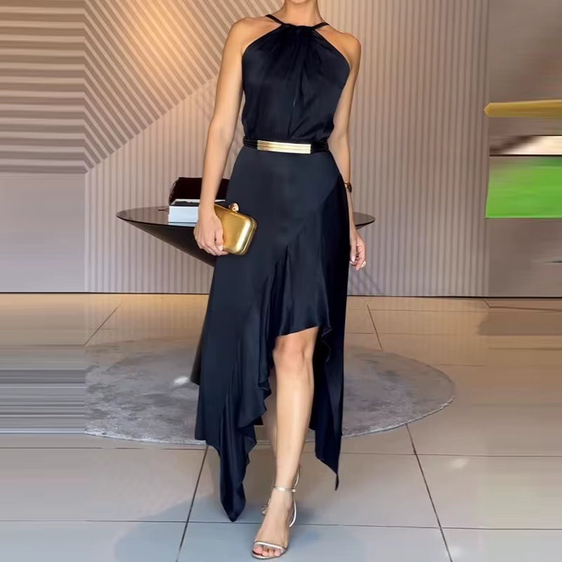 Robe élégante sans manches à épaules dénudées, style halter, nouvelle collection été, dos nu, plissé