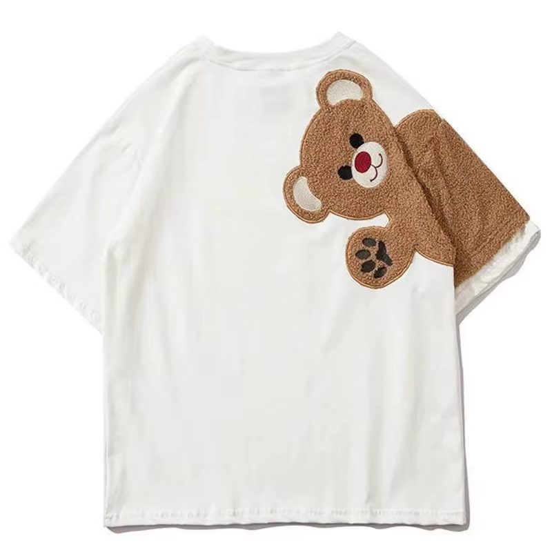 Nouveauté Été 2026 T-shirt Femme à Broderie Ours et Flocage, Style Cartoon Harajuku Streetwear, T-sh