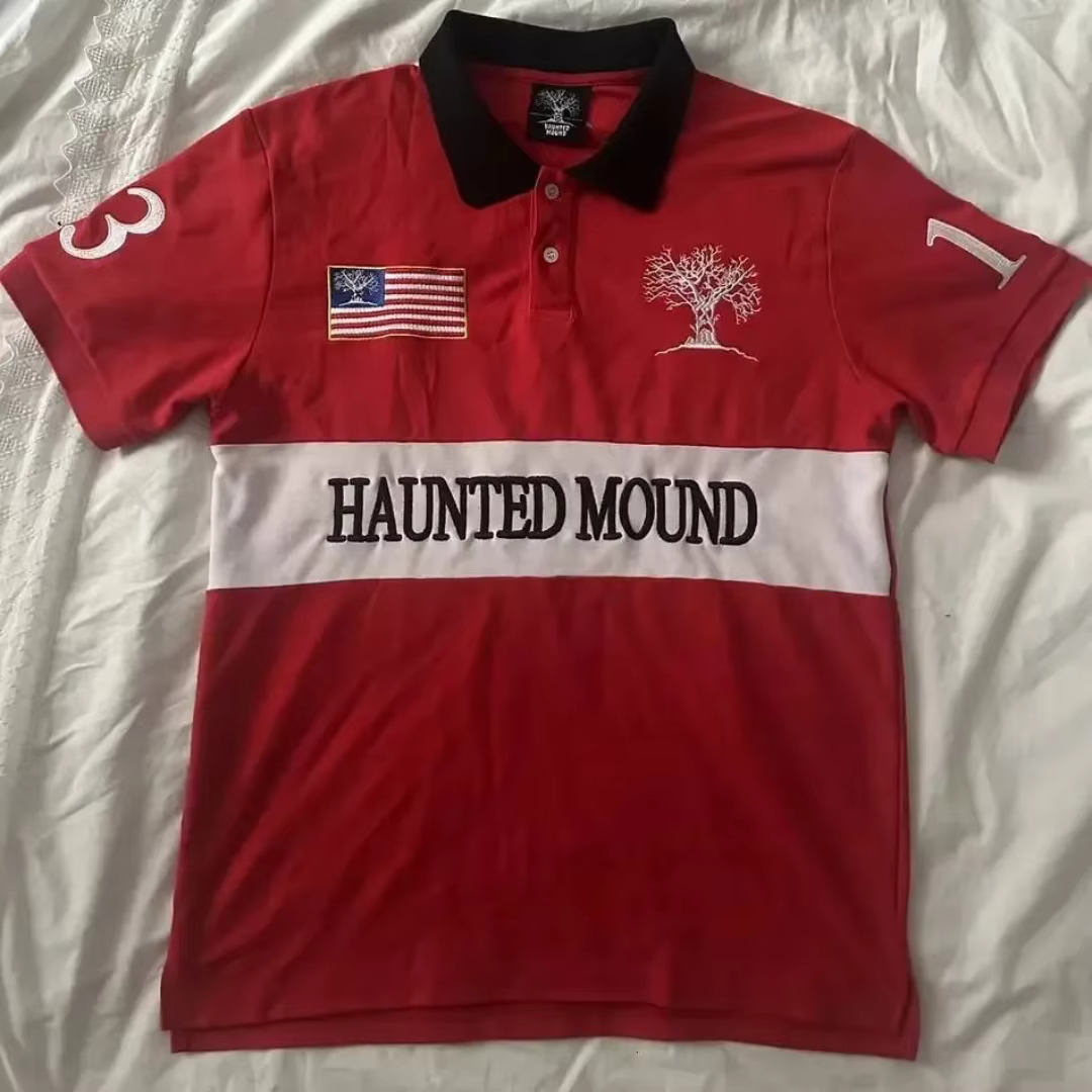 T-shirt Polo Rouge Brodé Racing Haunted Mound, Style Hiphop Rétro, Motif Tête de Citrouille et Lettr